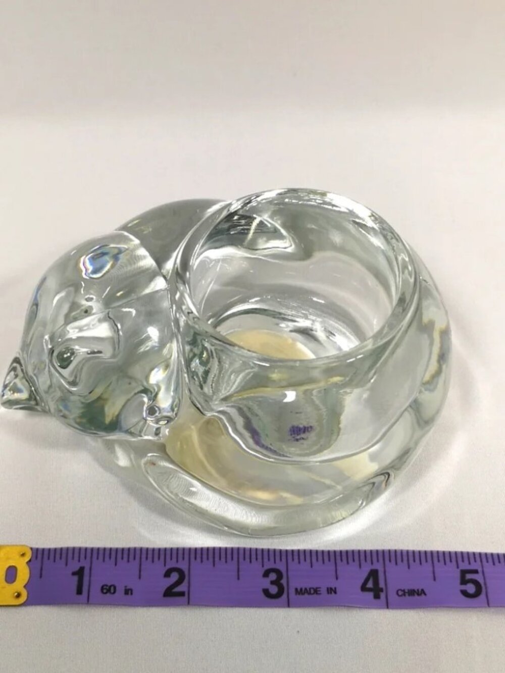 2/$10 Vintage Indiana Clear Glass Sleeping Cat Votive Tealight Candle Holder - Picture 3 of 4